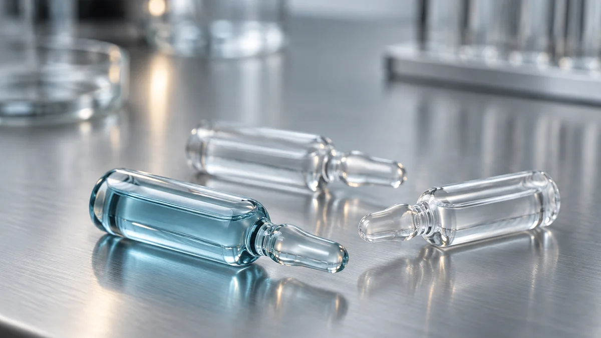 Three unlabelled glass ampoules on a brushed steel bench, one holding a pale blue solution.